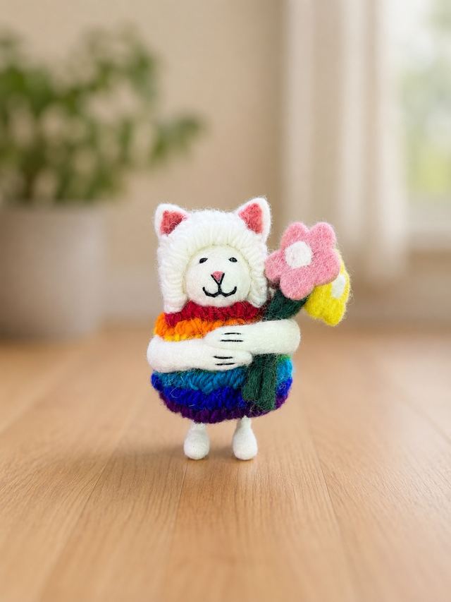 Felt cat holding a rainbow of felt flowers
