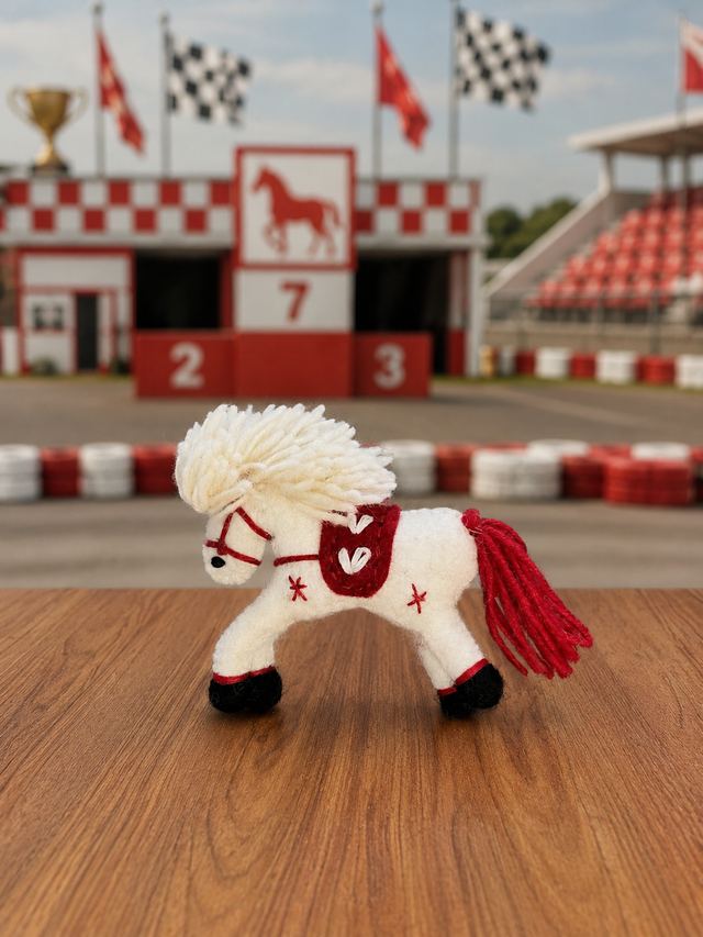 White felt horse with red saddle and mane
