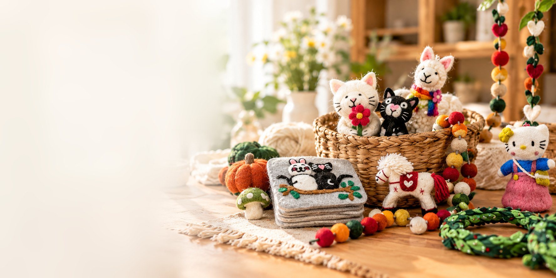 Handmade felt toys, coasters, pumpkins and garlands arranged on a wooden table