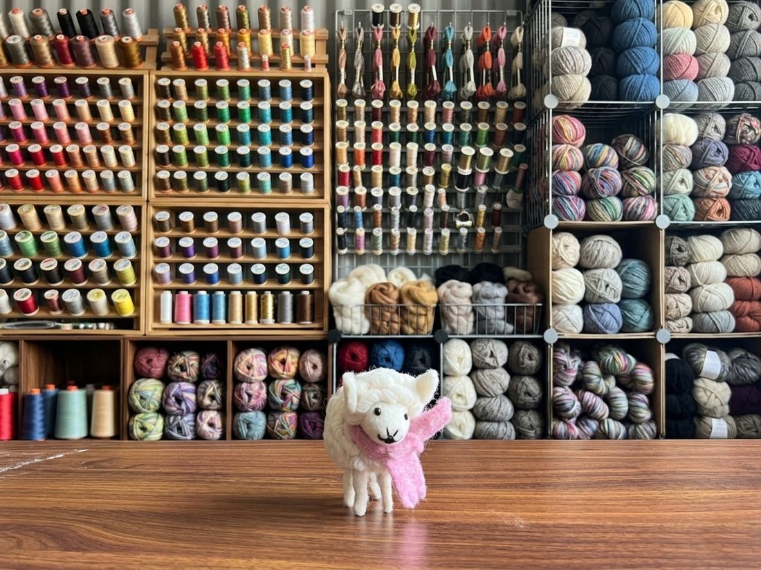 Felt sheep figure in front of shelves of colorful wool yarn