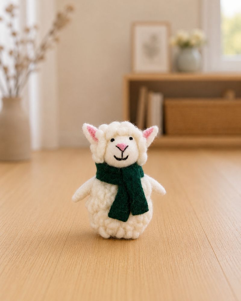 Felt sheep wearing a green scarf in a bright room